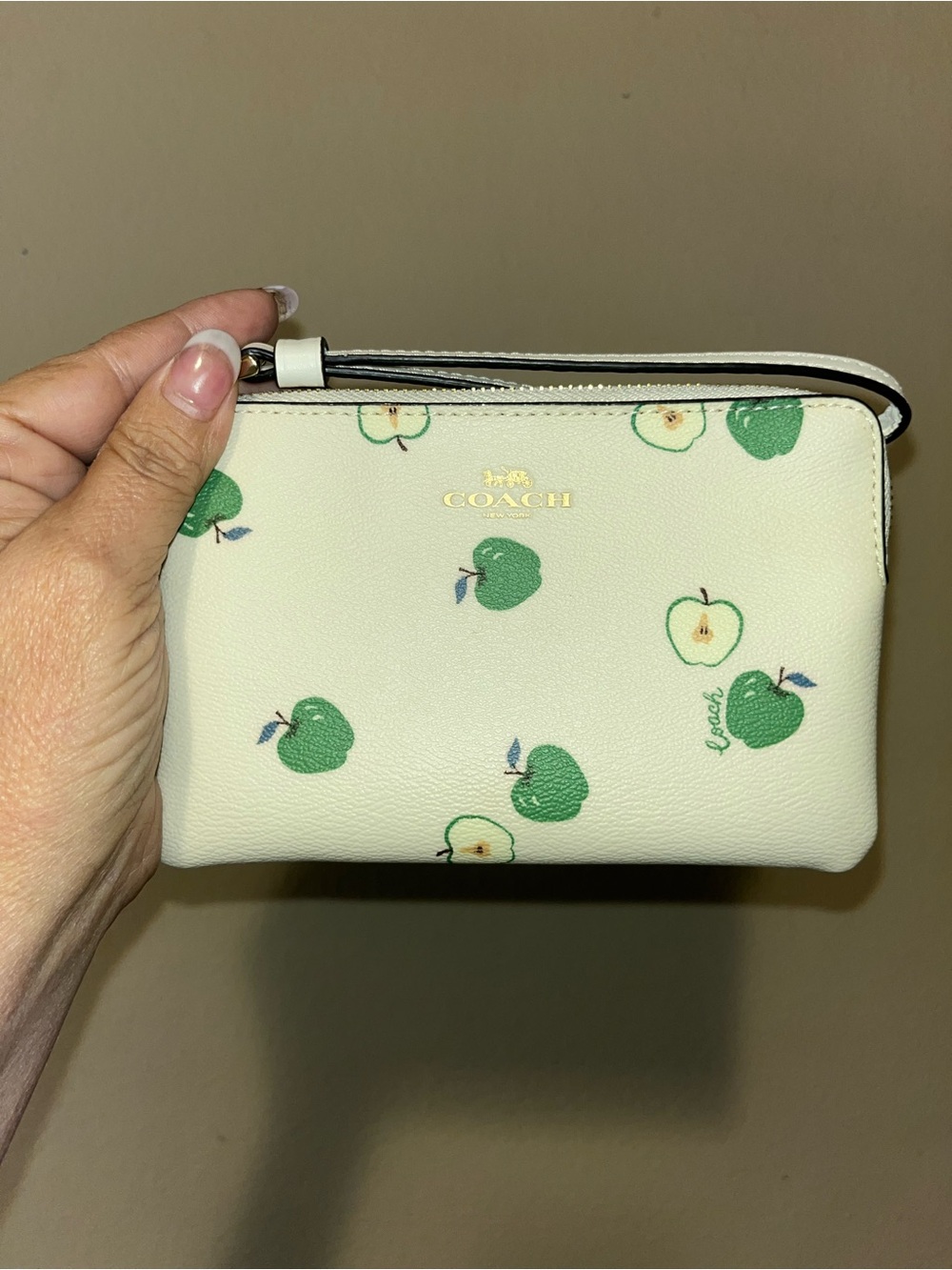 Coach Cream Wristlet with Green Apple Print NWT